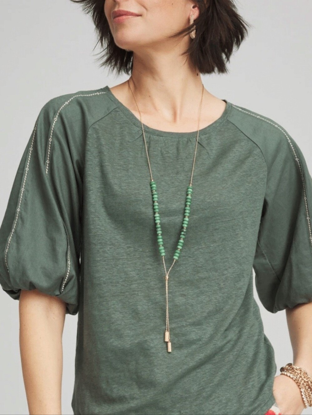 Chico's Olive Green Puff-Sleeve Top with Embellished Trim Size 3X